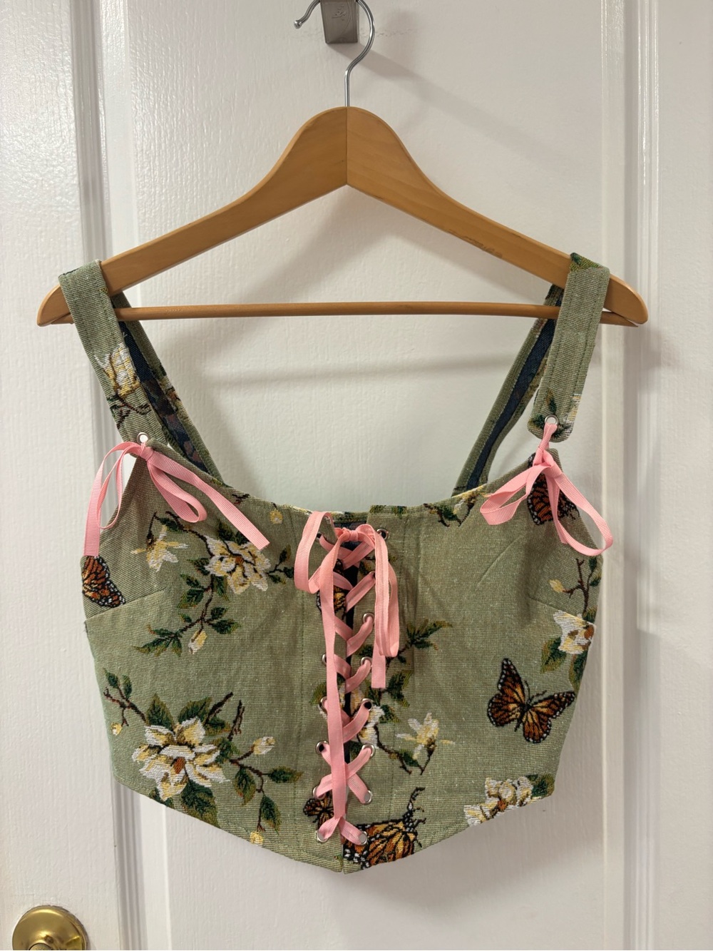 Coquette Lace-Up Corset Green Floral Tank Top with Pink Ribbon Cider M